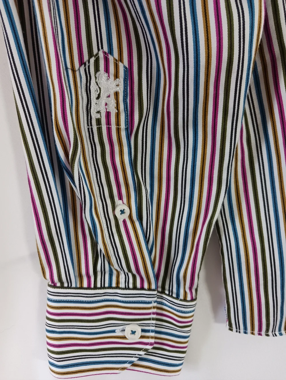 BUGATCHI UOMO Men's Striped Button Down Dress Shirt Gold Pink Green Blue Size M - Picture 8 of 12